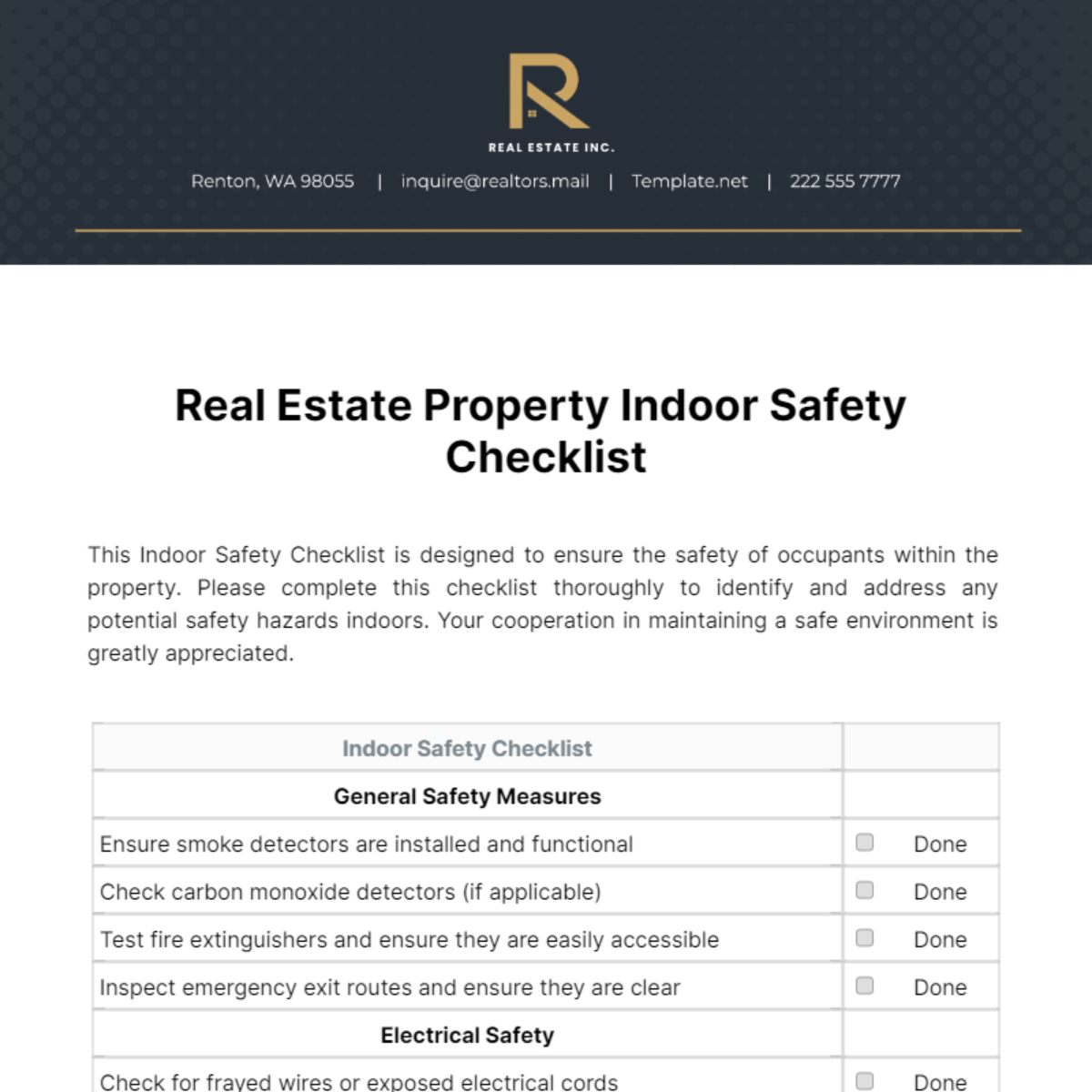 Free Real Estate Property Indoor Safety Checklist Template