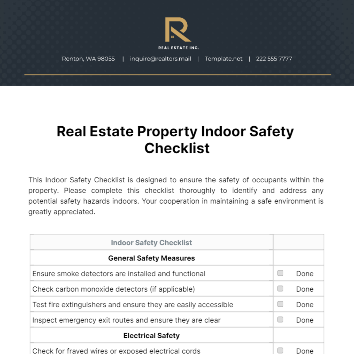 Real Estate Property Indoor Safety Checklist Template - Edit Online & Download