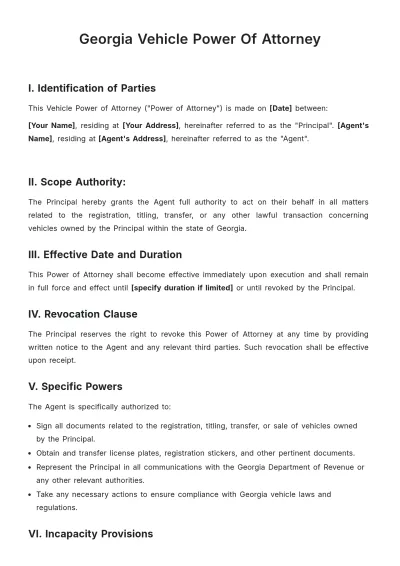 Free Georgia Vehicle Power of Attorney Template to Edit Online