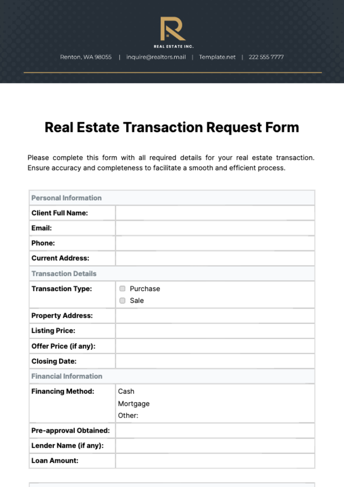 Real Estate Transaction Request Form Template