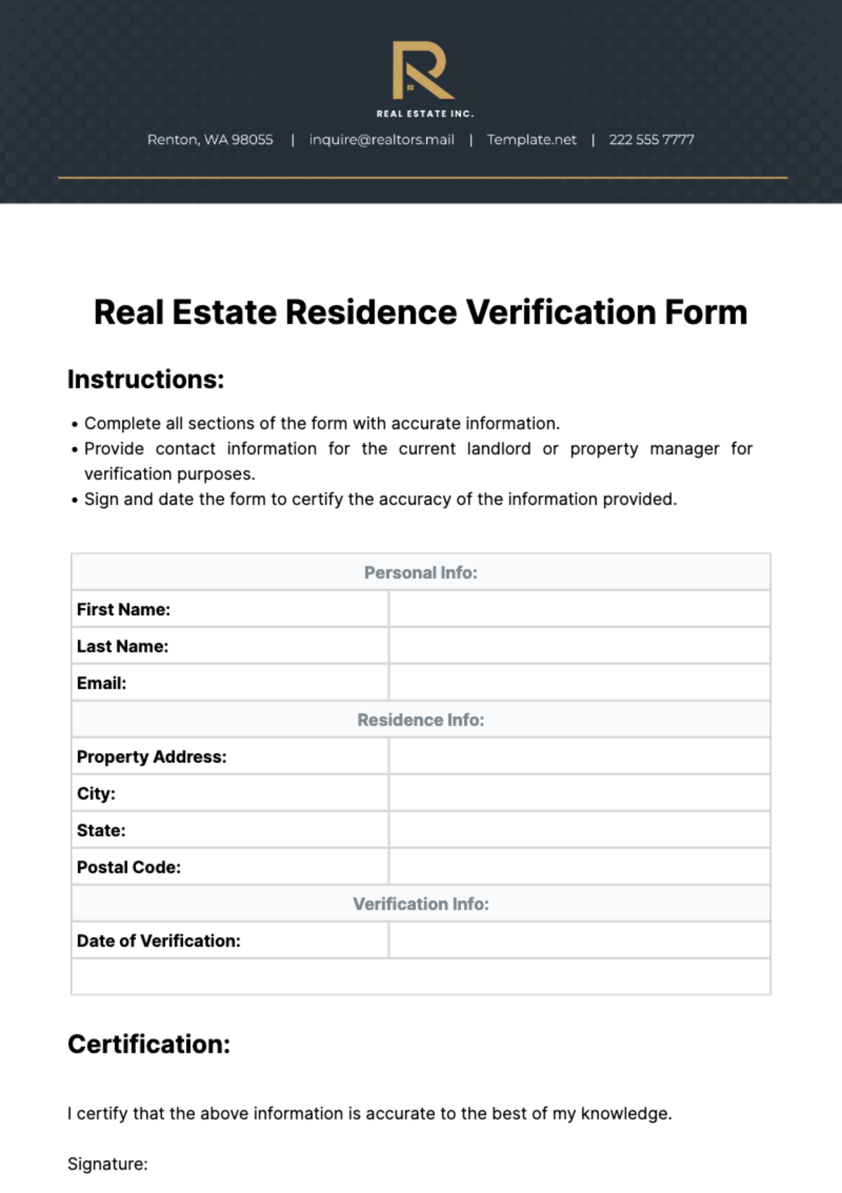 Real Estate Residence Verification Form Template