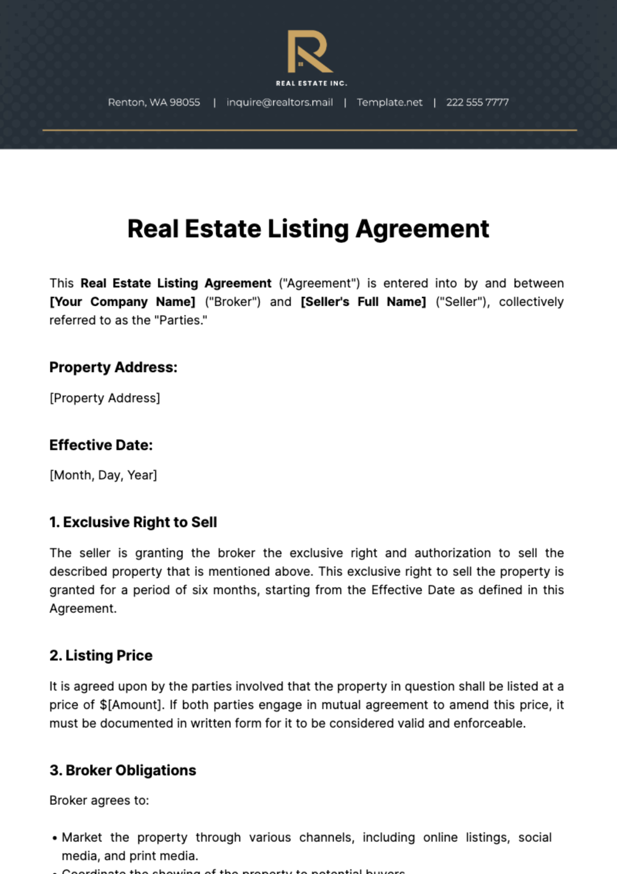 Real Estate Listing Agreement Template