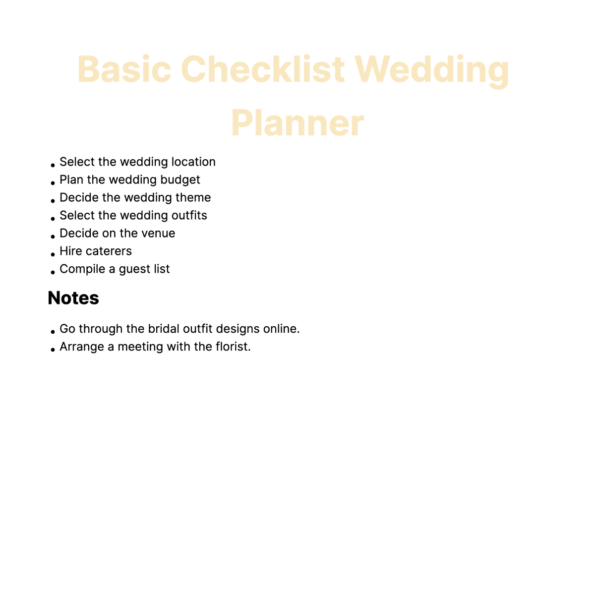 Basic Checklist Wedding Planner Template