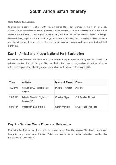Free South Africa Safari Itinerary Template to Edit Online