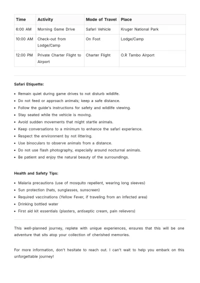 Free South Africa Safari Itinerary Template to Edit Online