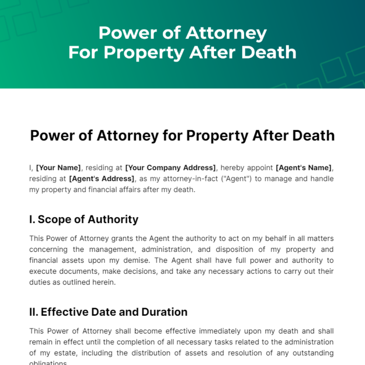 Power of Attorney For Property After Death Template