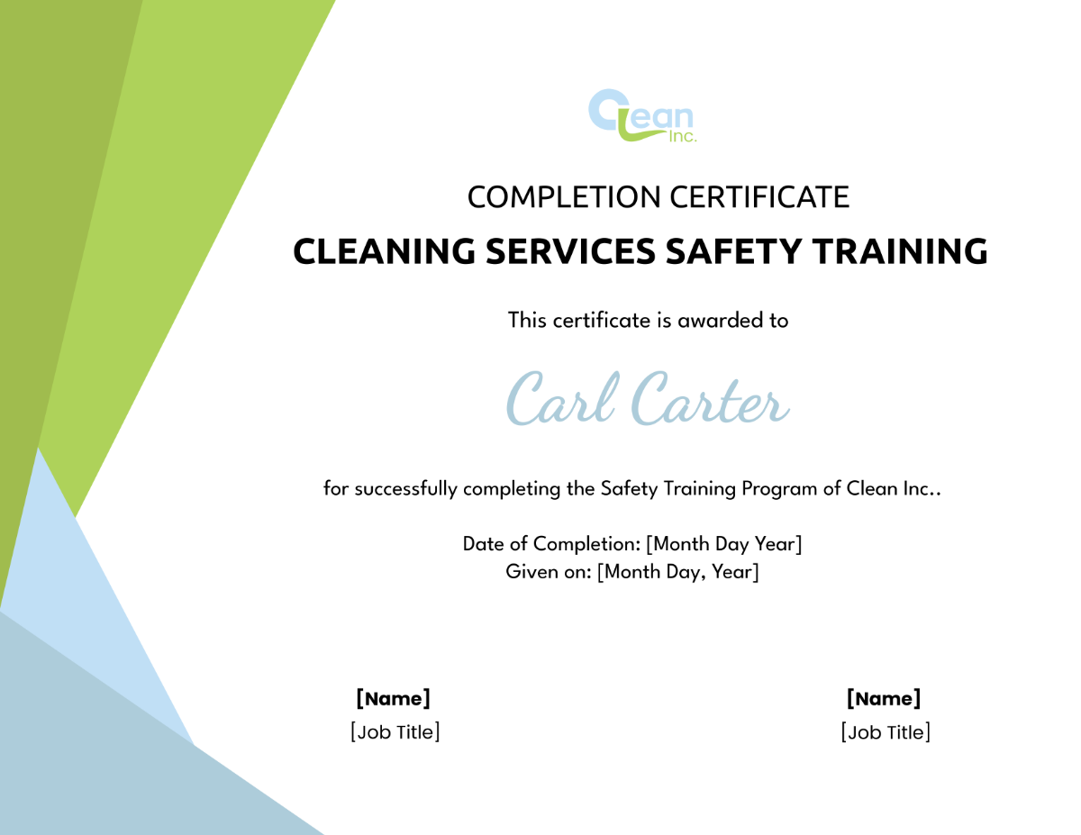 Cleaning Services Safety Training Completion Certificate Template