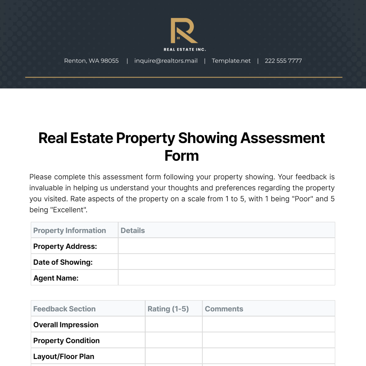 Real Estate Property Showing Assessment Form Template