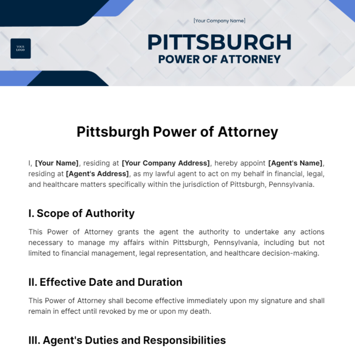 Pittsburgh Power of Attorney Template