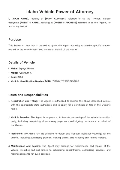 Free Idaho Vehicle Power of Attorney Template to Edit Online