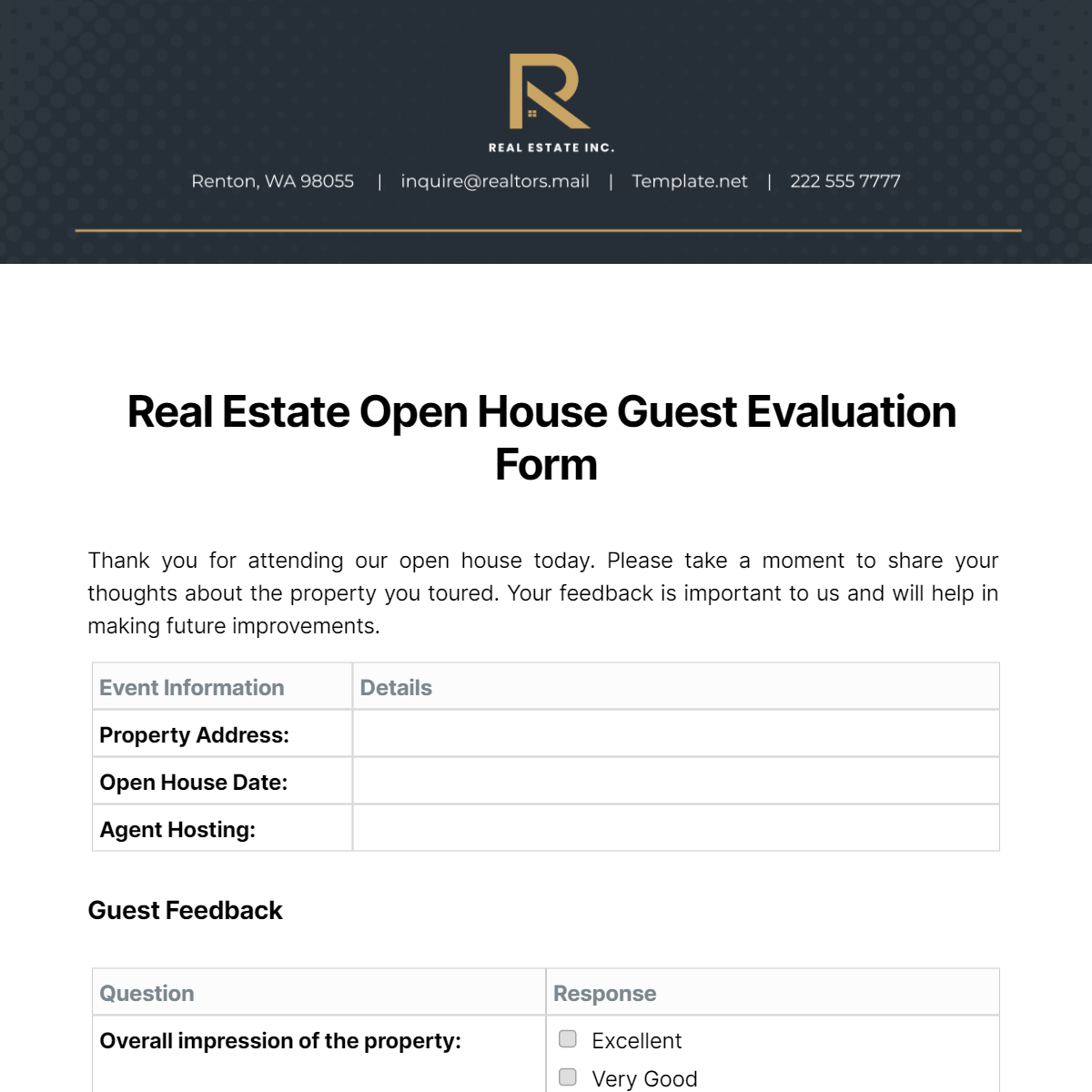 Real Estate Open House Guest Evaluation Form Template