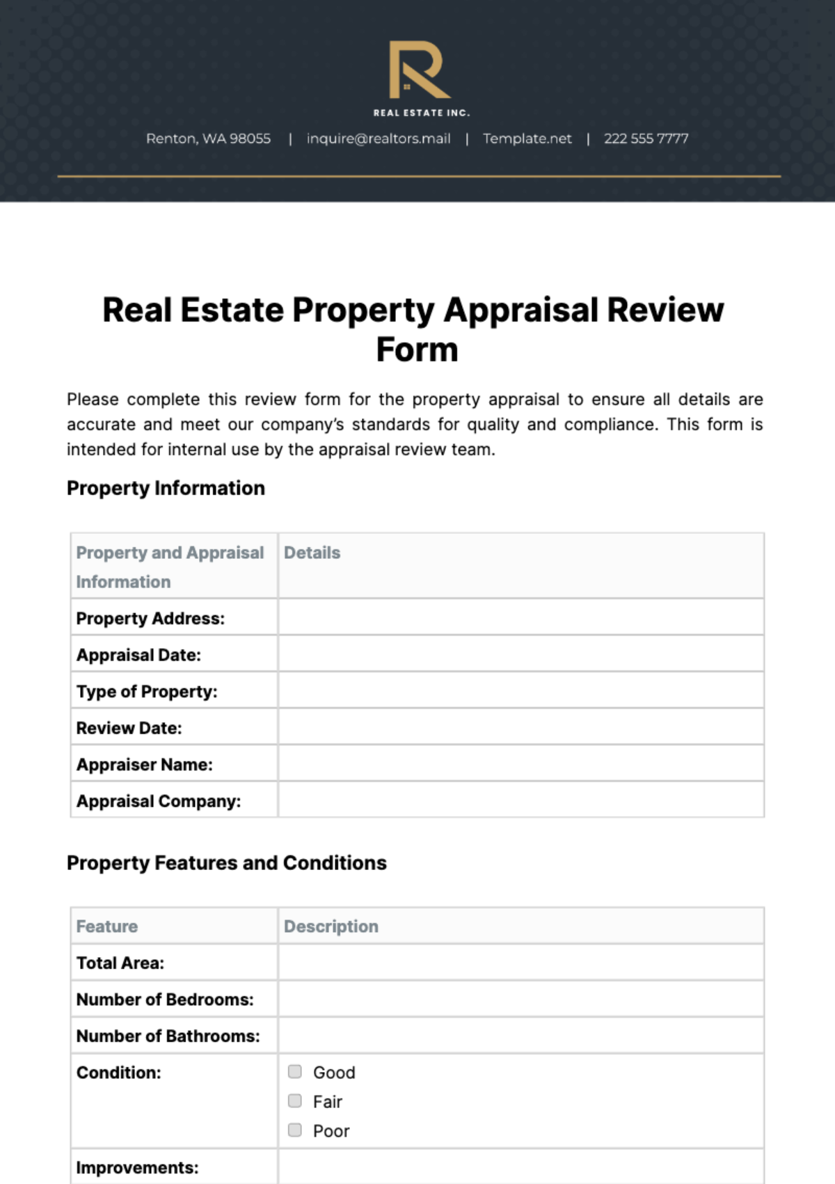 Real Estate Property Appraisal Review Form Template