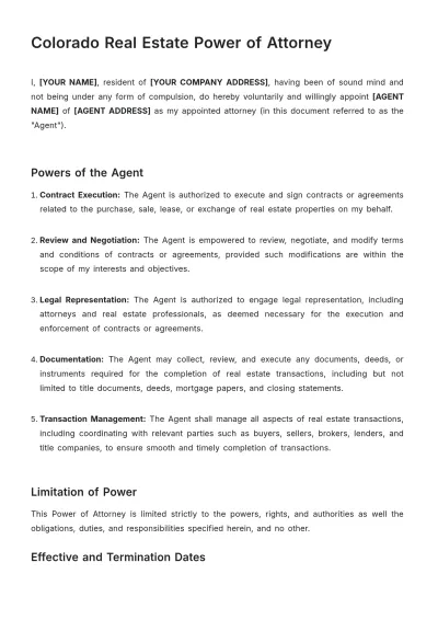 Free Colorado Real Estate Power of Attorney Template to Edit Online