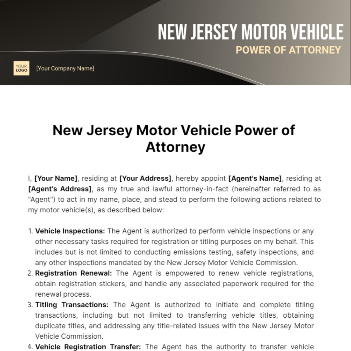 Free New Jersey Motor Vehicle Power of Attorney Template