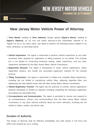 Free New Jersey Motor Vehicle Power of Attorney Template to Edit Online
