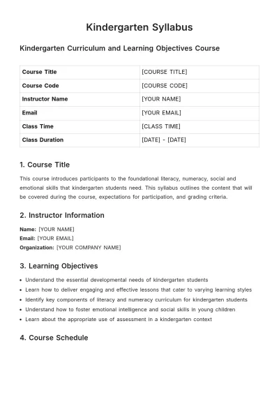 Free Simple Kindergarten Syllabus Template to Edit Online