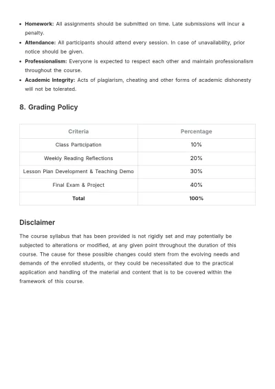 Free Simple Kindergarten Syllabus Template to Edit Online