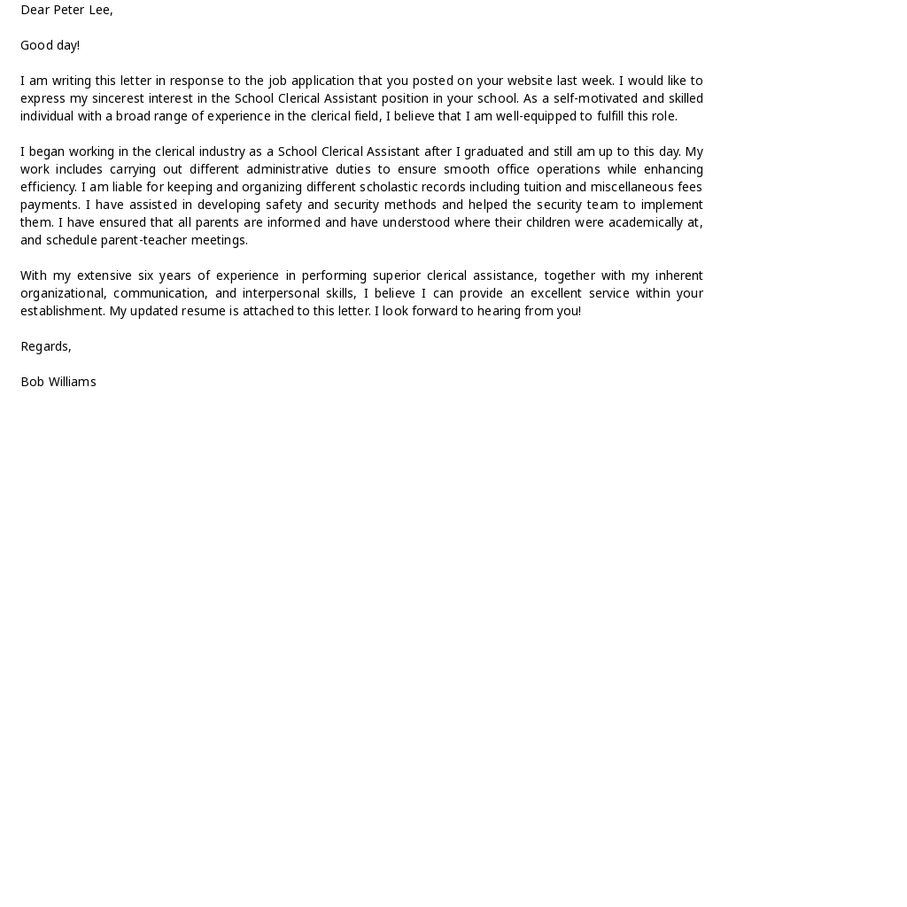 Free School Clerical Assistant Cover Letter Template - Google Docs ...