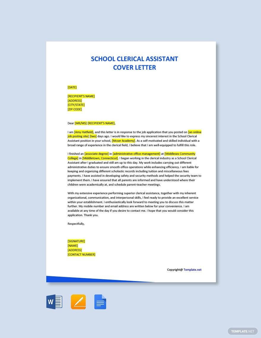 School Clerical Assistant Cover Letter in Google Docs, Word, Pages, PDF - Download | Template.net