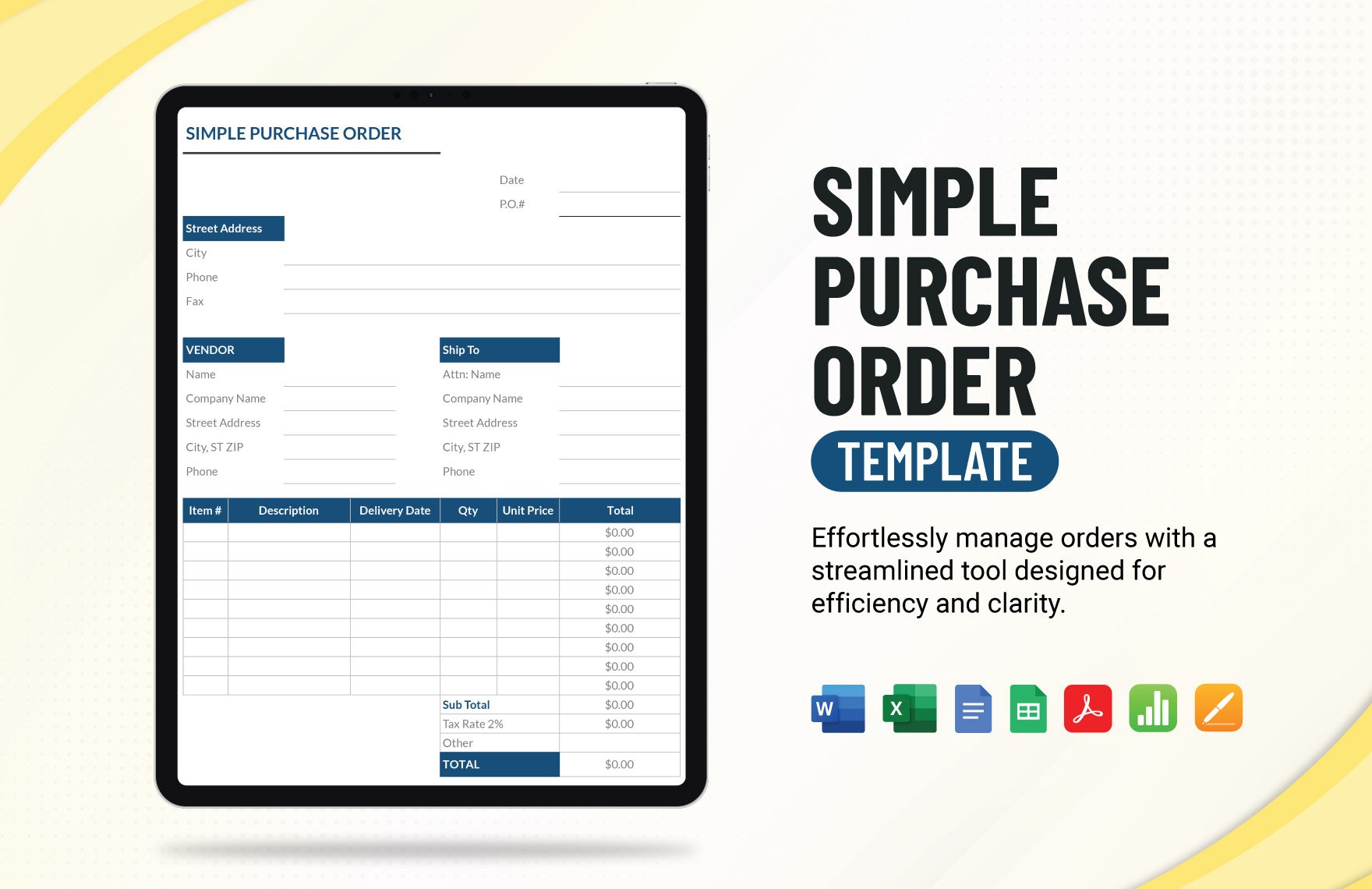 Simple Purchase Order Template in Word, Google Docs, Excel, PDF, Google Sheets, Apple Pages, Apple Numbers