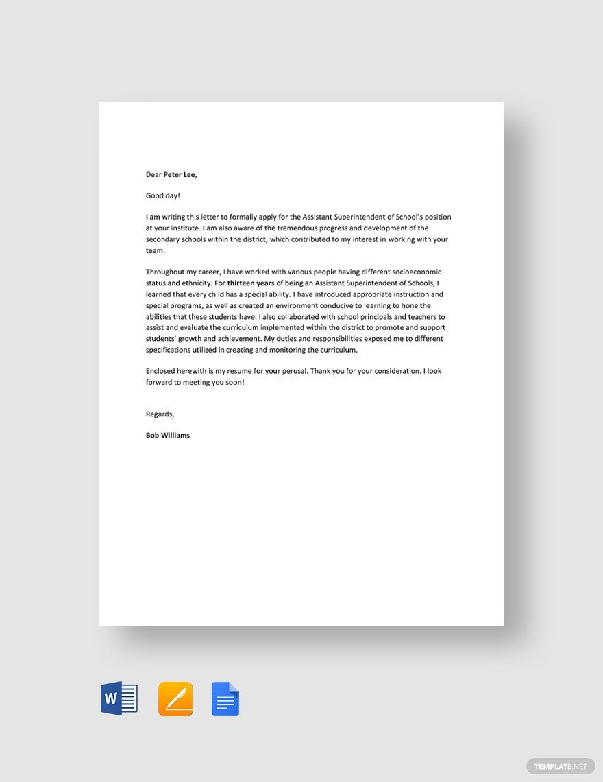 Assistant Superintendent of Schools Cover Letter in Word, Google Docs, PDF, Apple Pages