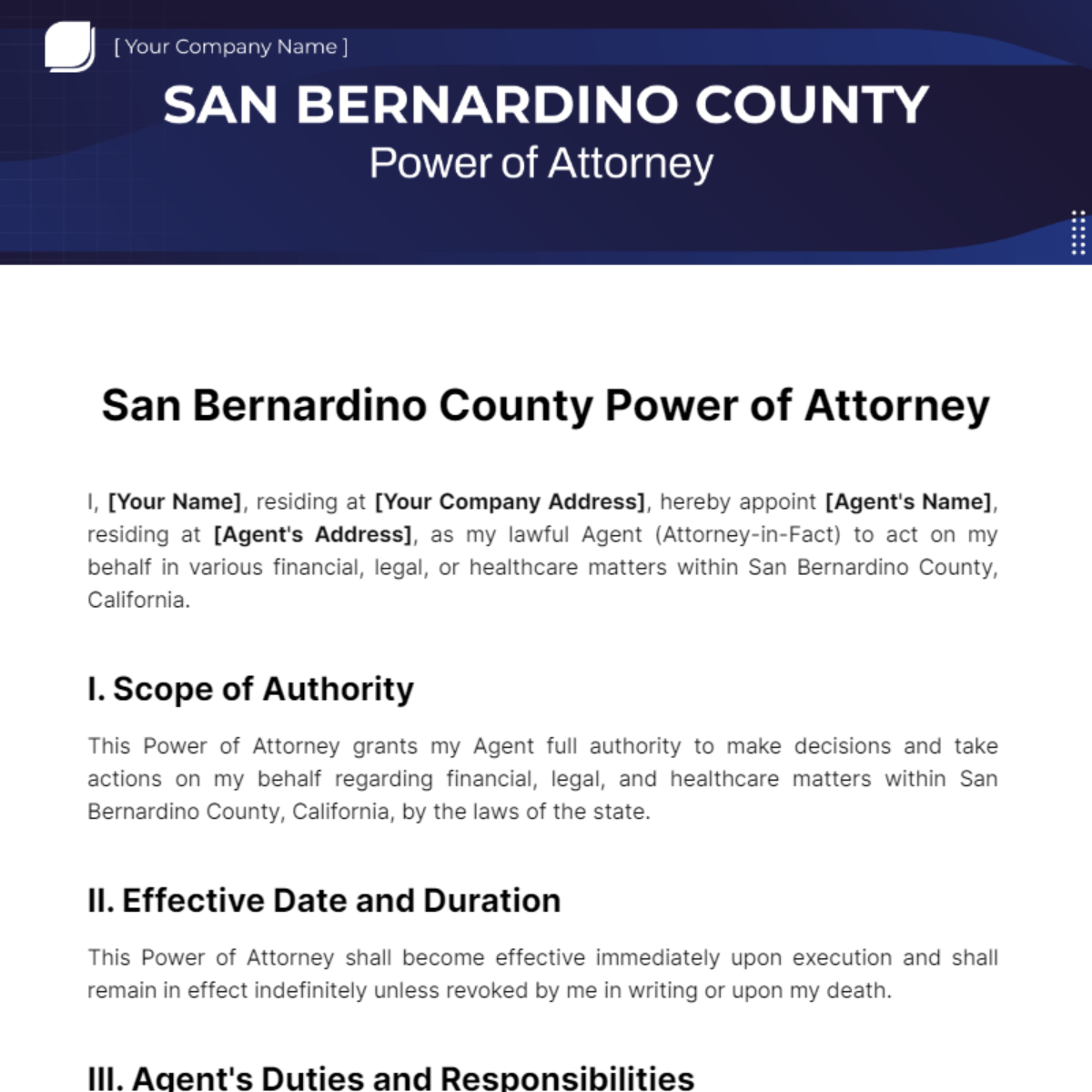 Free San Bernardino County Power of Attorney Template