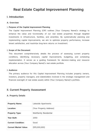 Free Real Estate Capital Improvement Planning Template to Edit Online