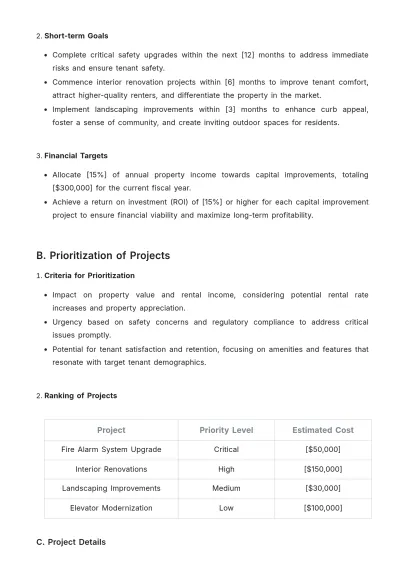 Free Real Estate Capital Improvement Planning Template to Edit Online
