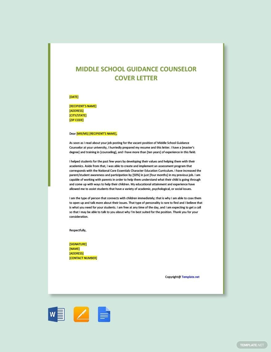 Middle School Guidance Counselor Cover Letter in Word, Google Docs, PDF, Apple Pages