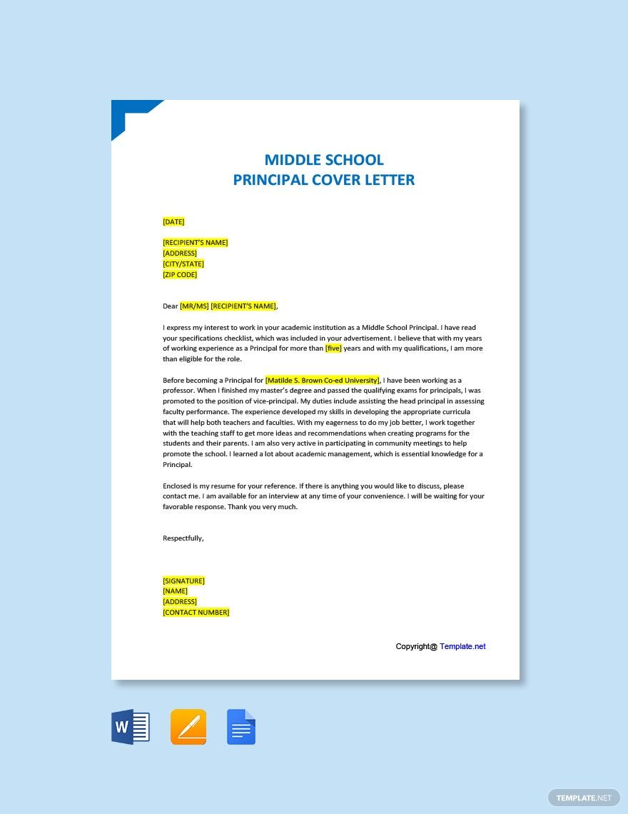 Middle School Principal Cover Letter in Word, Google Docs, PDF, Apple Pages