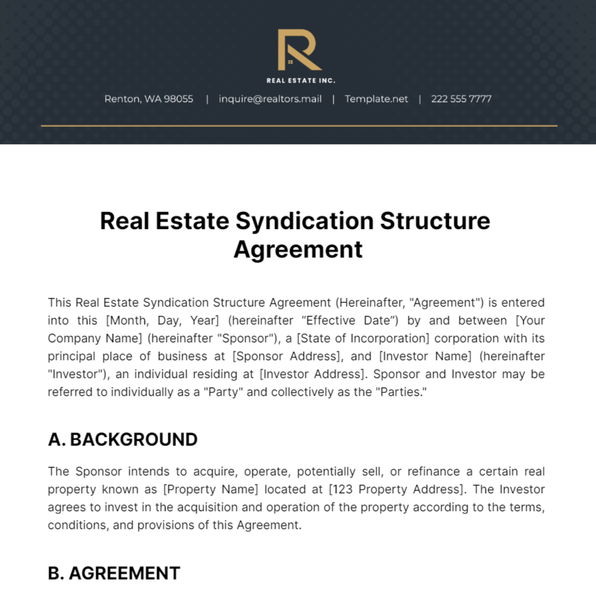 Real Estate Syndication Structure Agreement Template