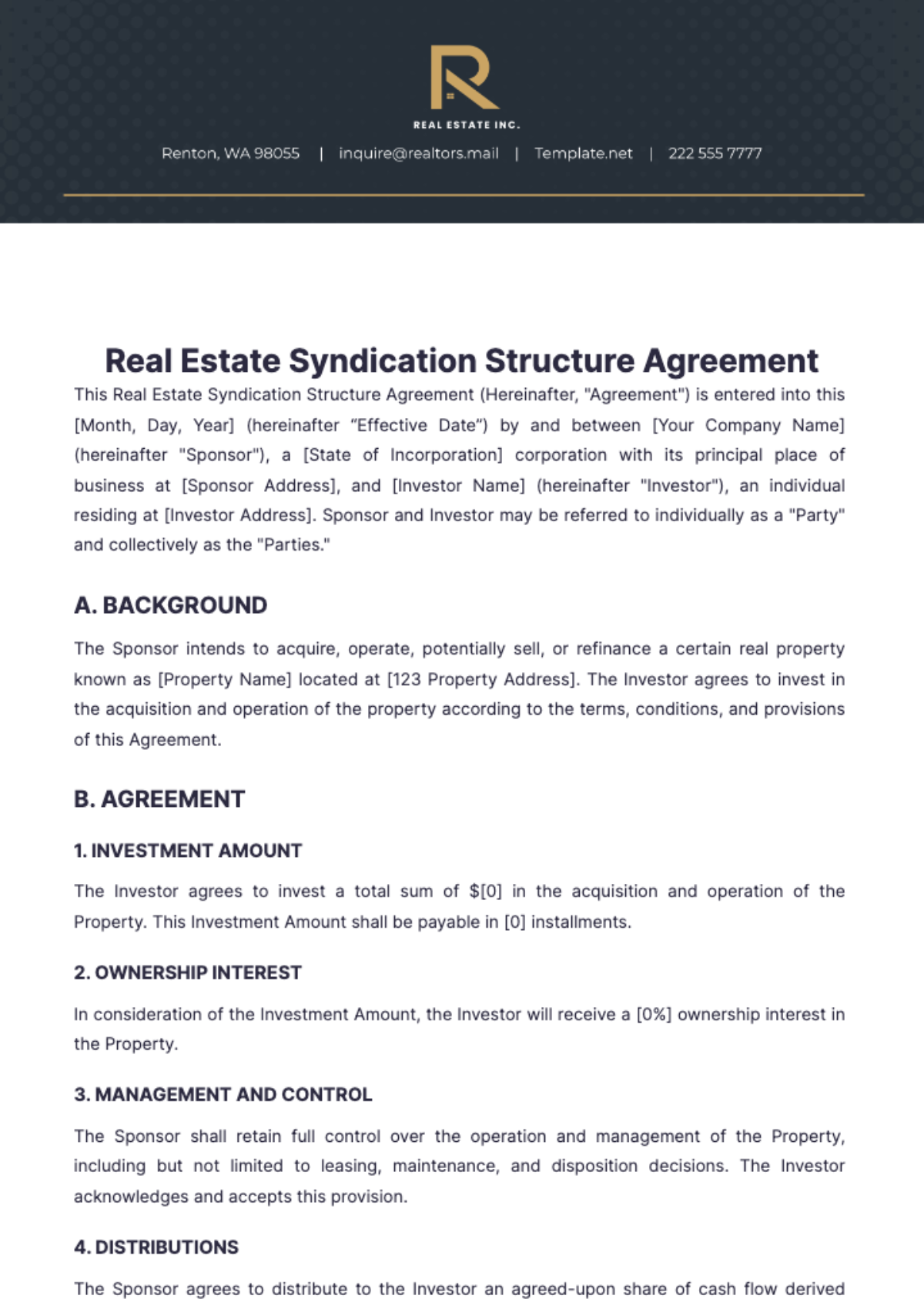 Free Real Estate Syndication Structure Agreement Template