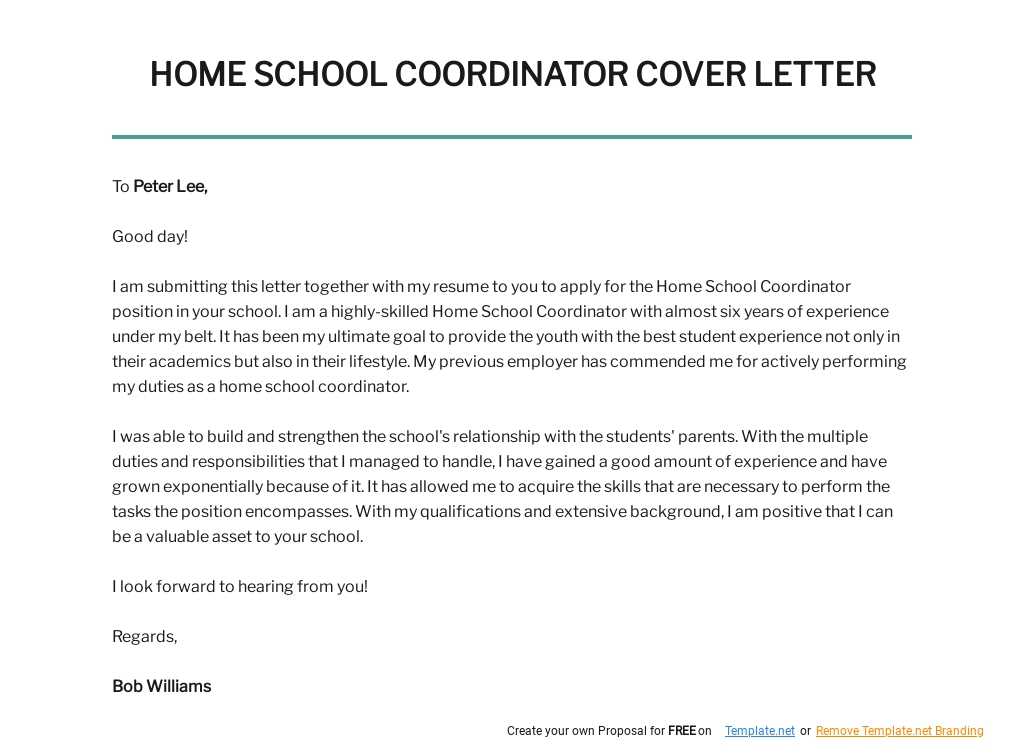 Free Home School Coordinator Cover Letter Template.jpe