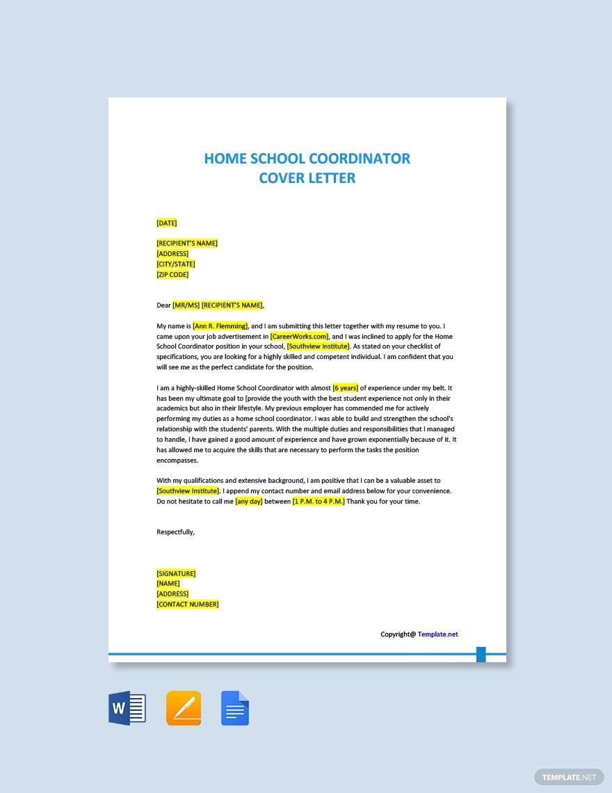 Free Home School Coordinator Cover Letter Template