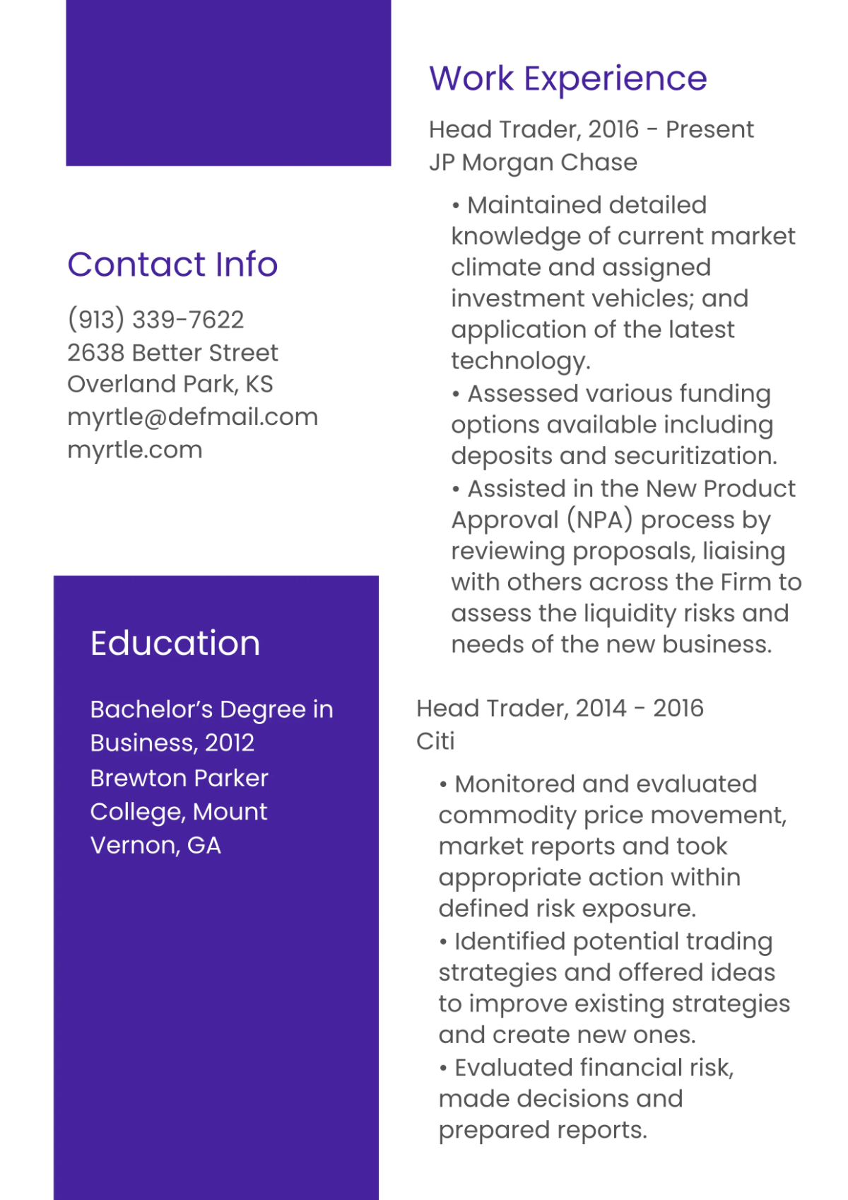 Free Head Trader Resume Template to Edit Online