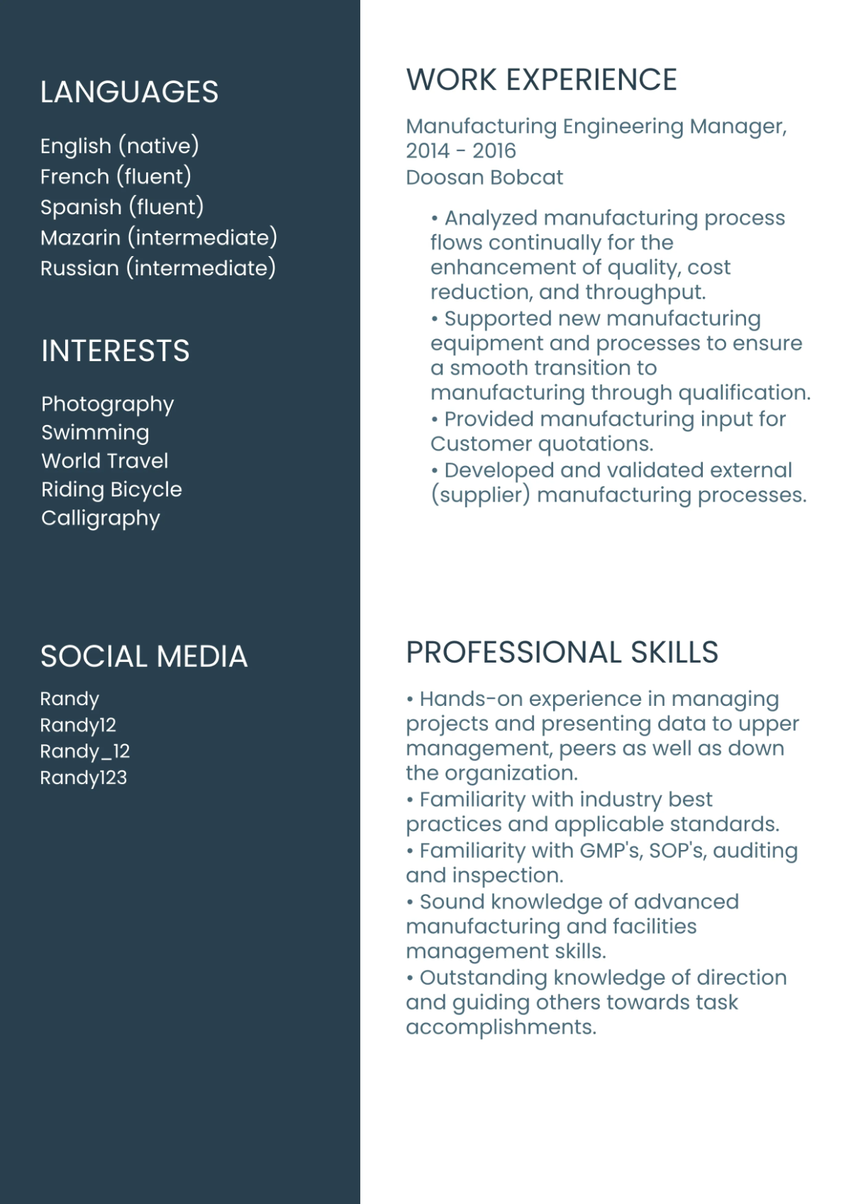 Free Manufacturing Engineering Manager Resume Template to Edit Online