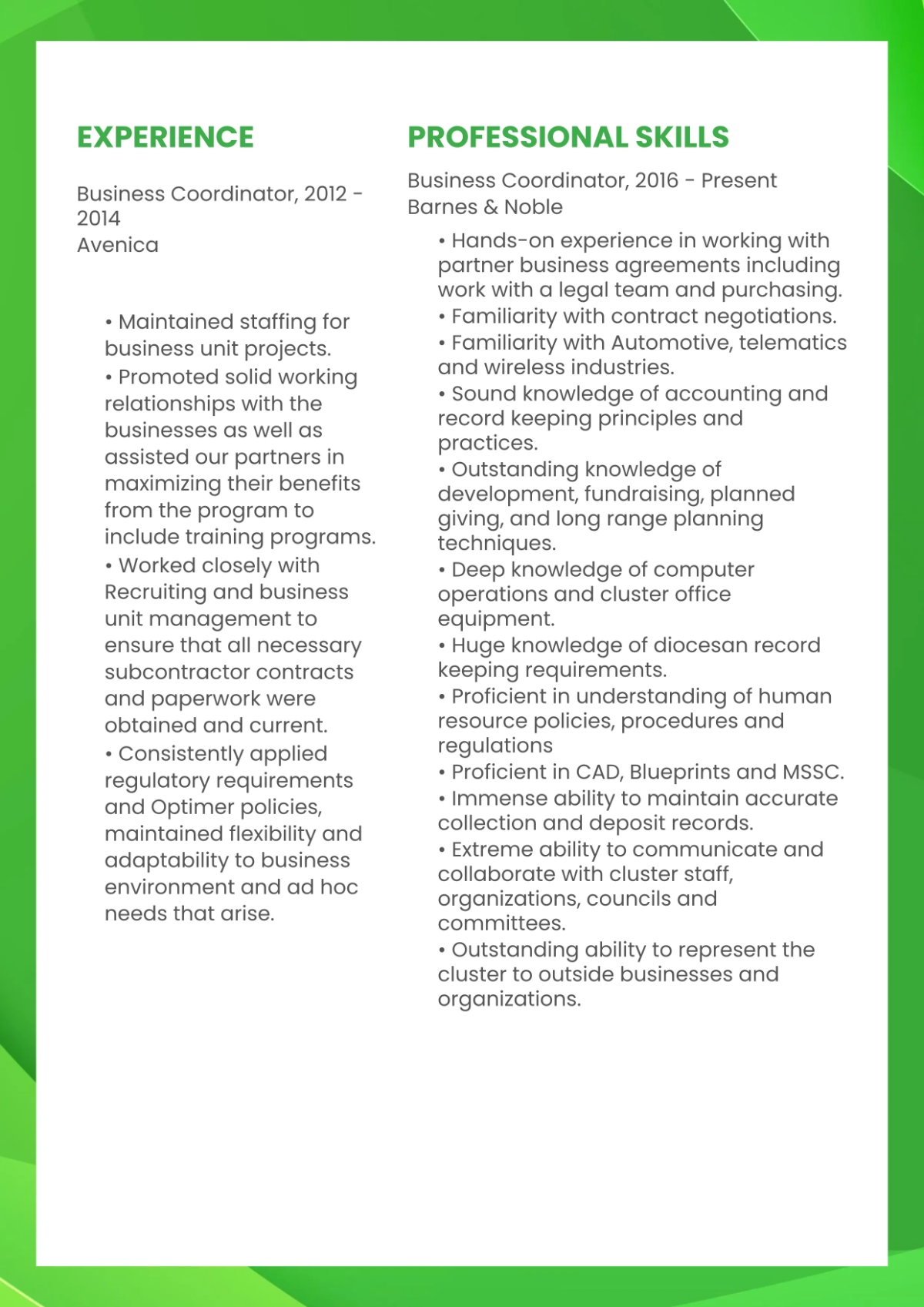Free Business Coordinator Resume Template to Edit Online
