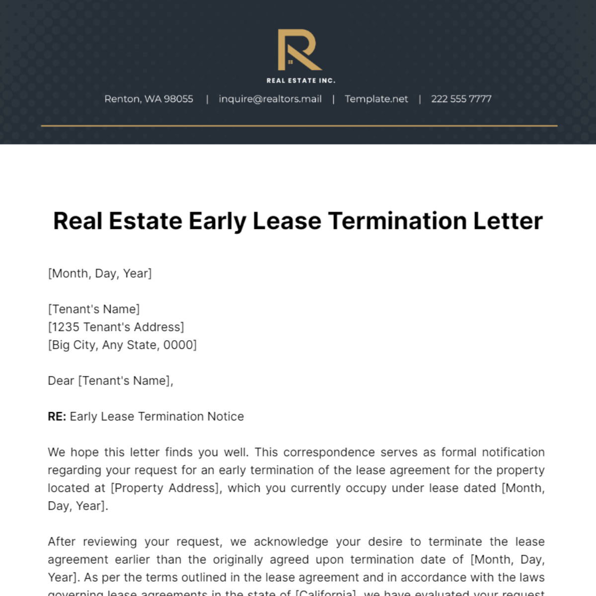 Real Estate Early Lease Termination Letter Template