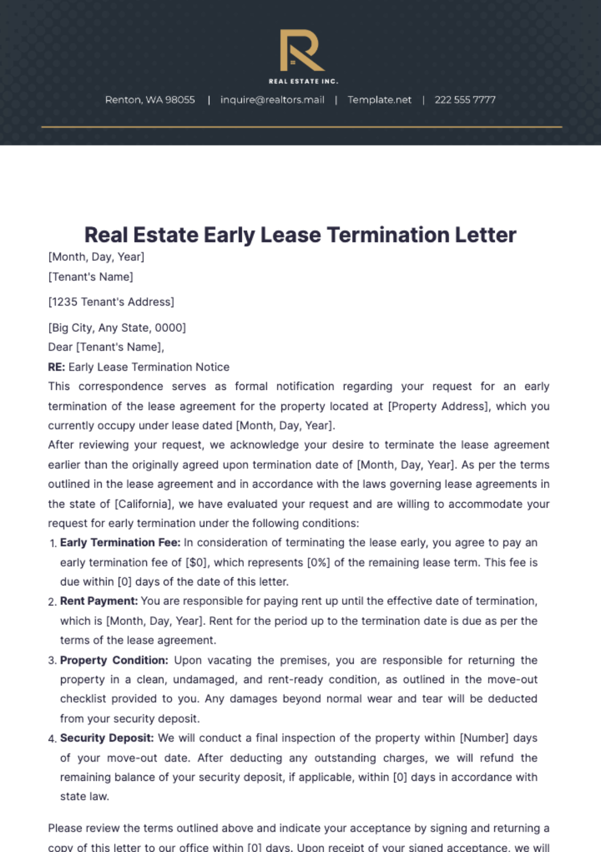 Real Estate Early Lease Termination Letter Template - Edit Online & Download