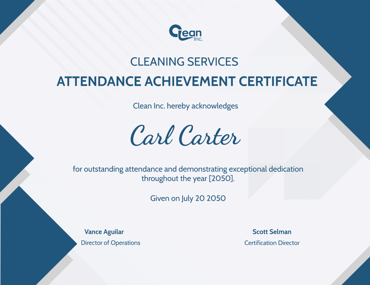 Cleaning Services Attendance Achievement Certificate