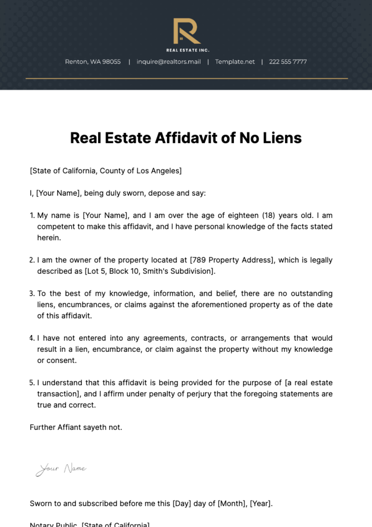 Real Estate Affidavit of No Liens Template