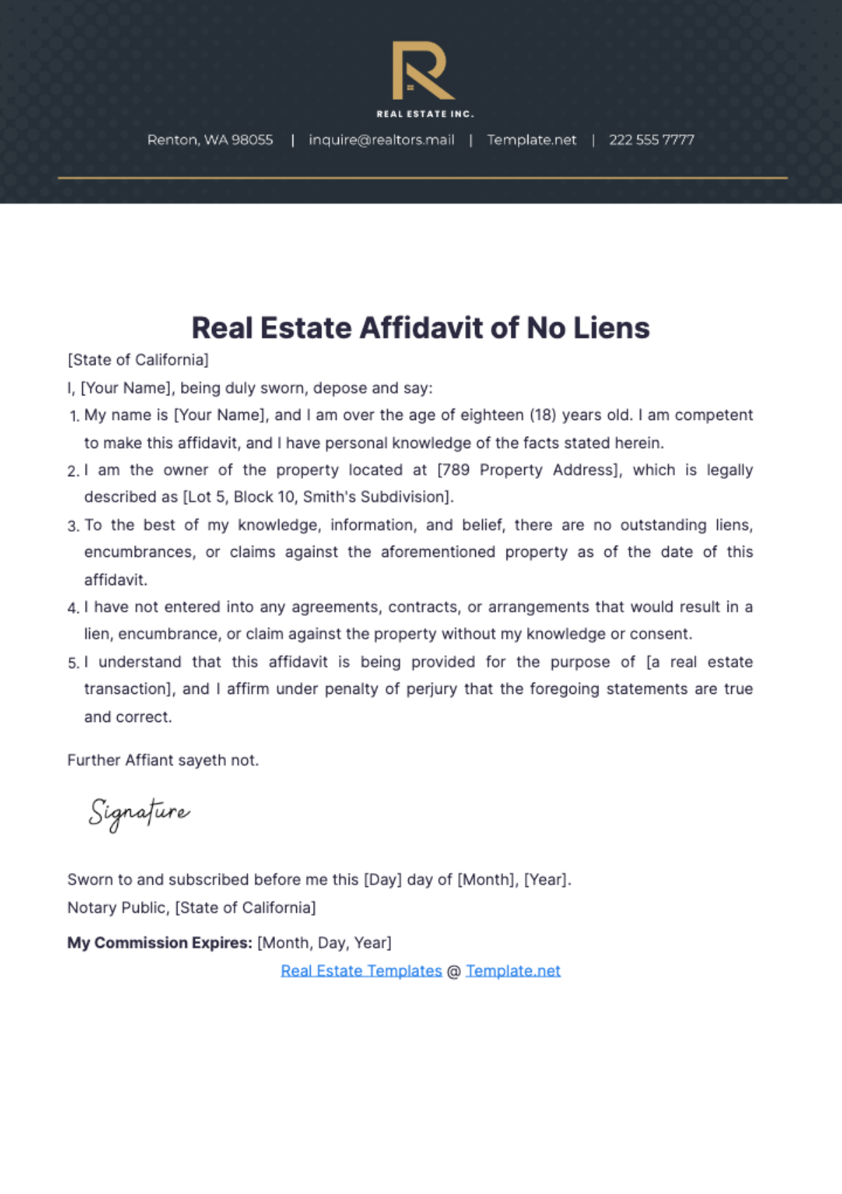 Real Estate Affidavit of No Liens Template - Edit Online & Download