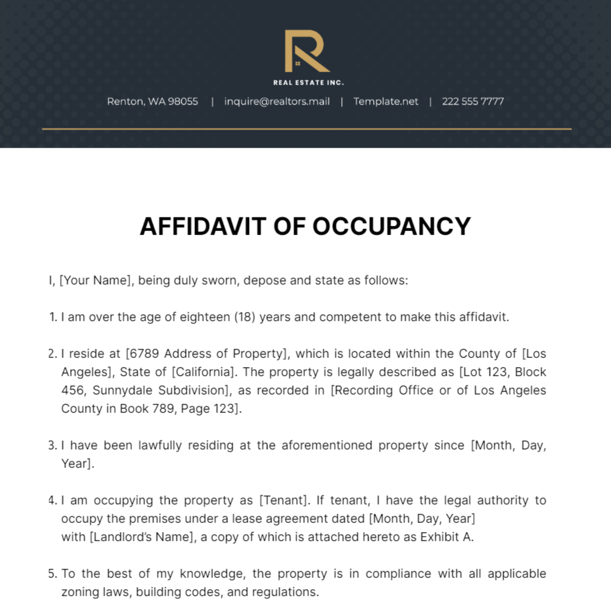 Real Estate Affidavit of Occupancy Template