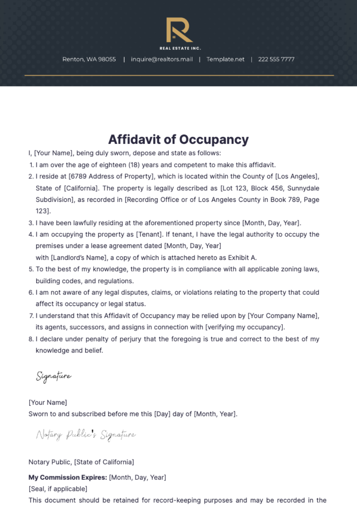 Real Estate Affidavit of Occupancy Template - Edit Online & Download