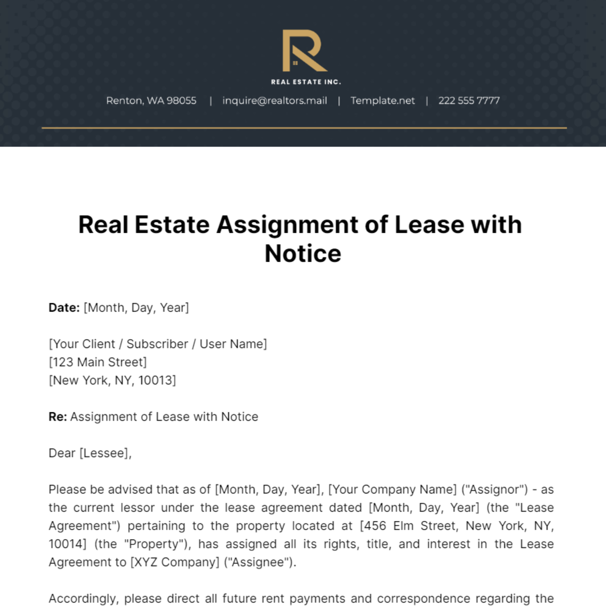 Free Real Estate Assignment of Lease with Notice Template
