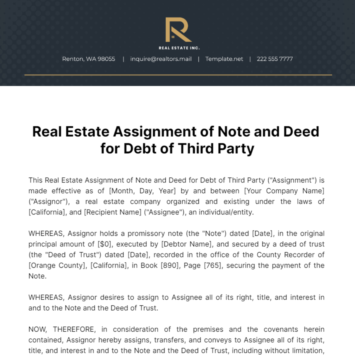 Real Estate Assignment of Note and Deed for Debt of Third Party Template