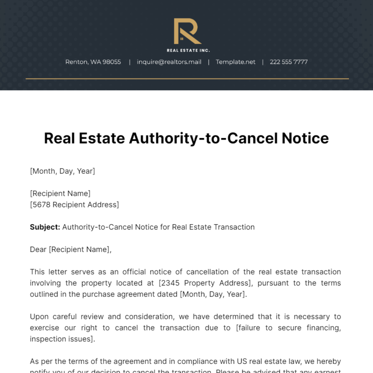 Real Estate Authority-to-Cancel Notice Template