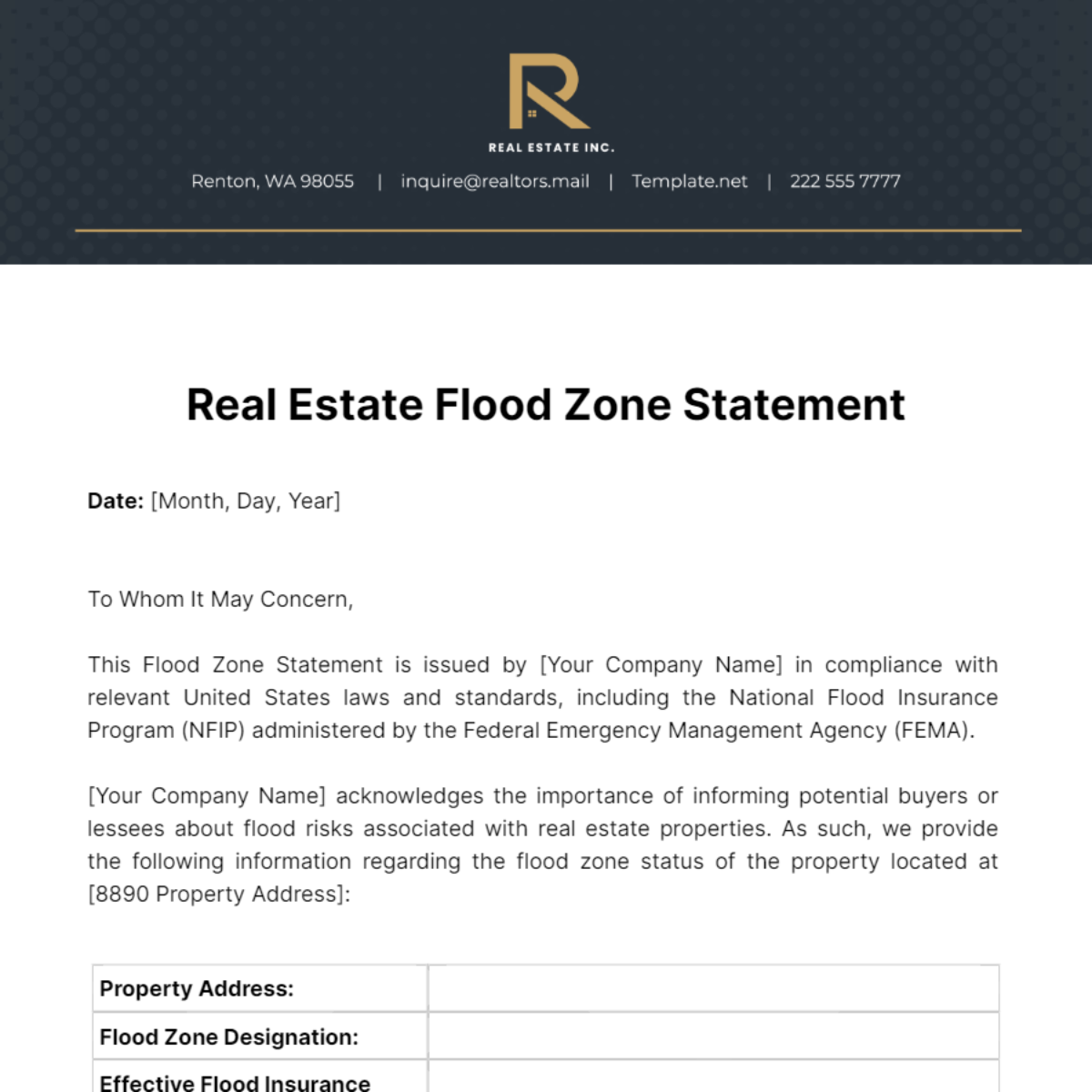 Real Estate Flood Zone Statement Template