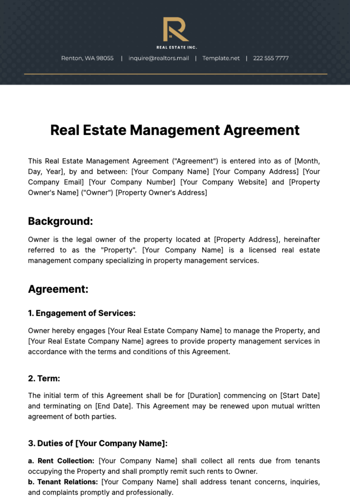 Free Real Estate Management Agreement Template