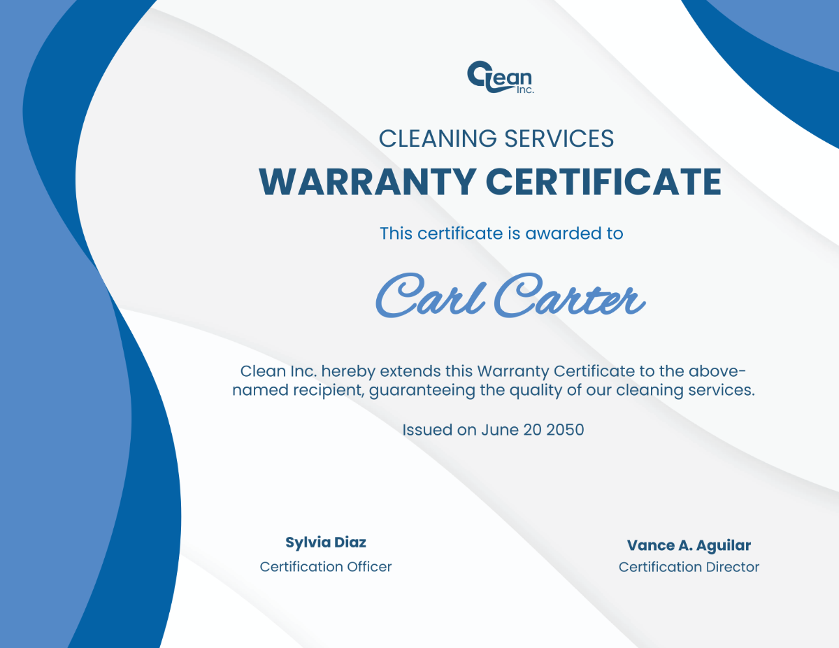 Cleaning Services Warranty Certificate